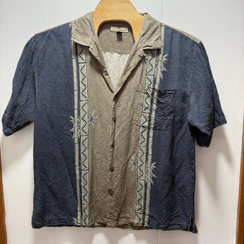 Tommy Bahama Mens XL Silk Camp Shirt Bamboo Leaf Panel Print Navy Brown Hawaiian